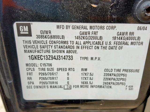 1GKEC13Z94J314733 - 2004 GMC YUKON BLACK photo 10