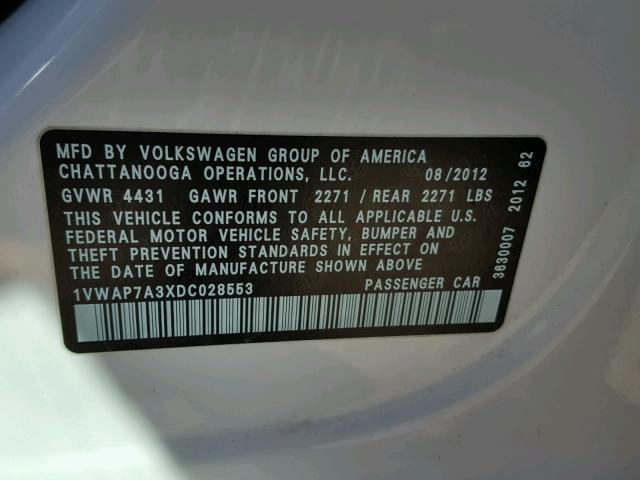 1VWAP7A3XDC028553 - 2013 VOLKSWAGEN PASSAT S WHITE photo 10