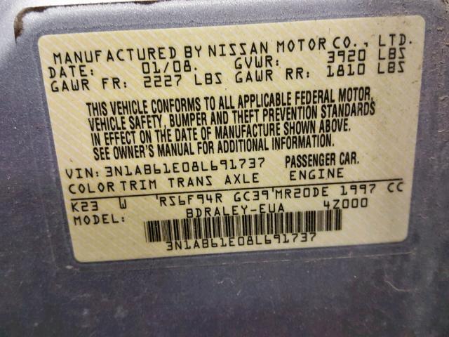 3N1AB61E08L691737 - 2008 NISSAN SENTRA 2.0 SILVER photo 10