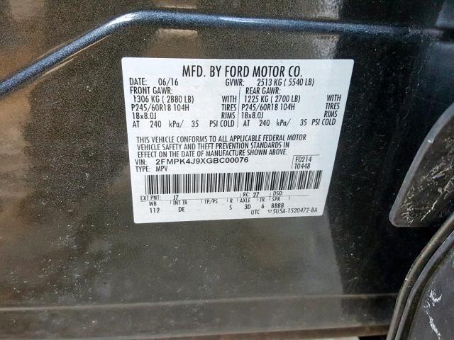 2FMPK4J9XGBC00076 - 2016 FORD EDGE SEL GRAY photo 10