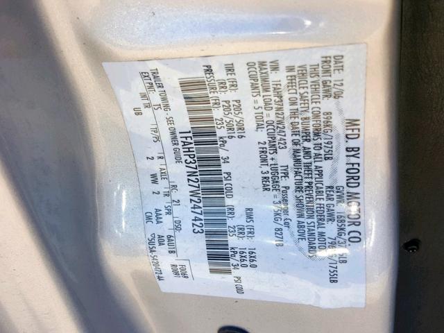 1FAHP37N27W247423 - 2007 FORD FOCUS ZX5 SILVER photo 10