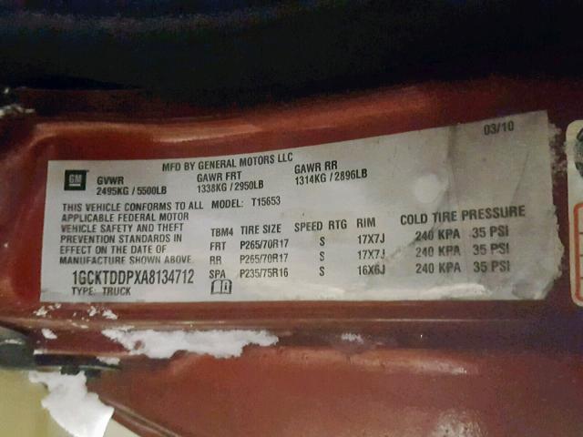 1GCKTDDPXA8134712 - 2010 CHEVROLET COLORADO L RED photo 10