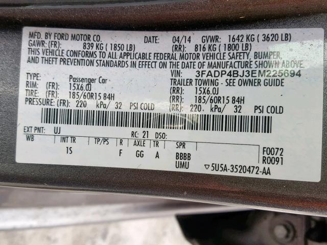 3FADP4BJ3EM225694 - 2014 FORD FIESTA SE GRAY photo 10