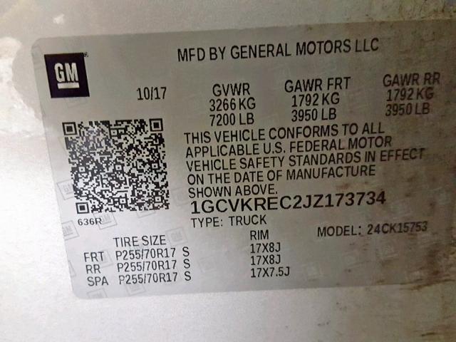 1GCVKREC2JZ173734 - 2018 CHEVROLET SILVERADO SILVER photo 10