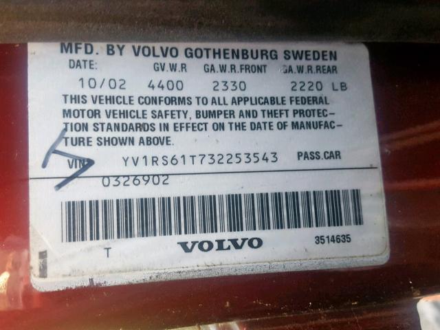 YV1RS61T732253543 - 2003 VOLVO S60 RED photo 10