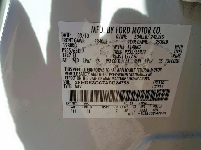 2FMDK3GC7ABB24758 - 2010 FORD EDGE SE WHITE photo 10