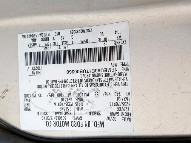 1FMEU63E17UB30260 - 2007 FORD EXPLORER X SILVER photo 10