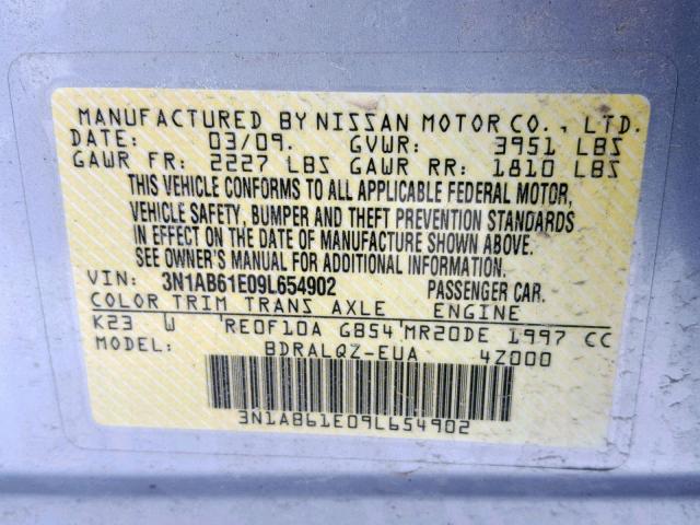 3N1AB61E09L654902 - 2009 NISSAN SENTRA 2.0 SILVER photo 10