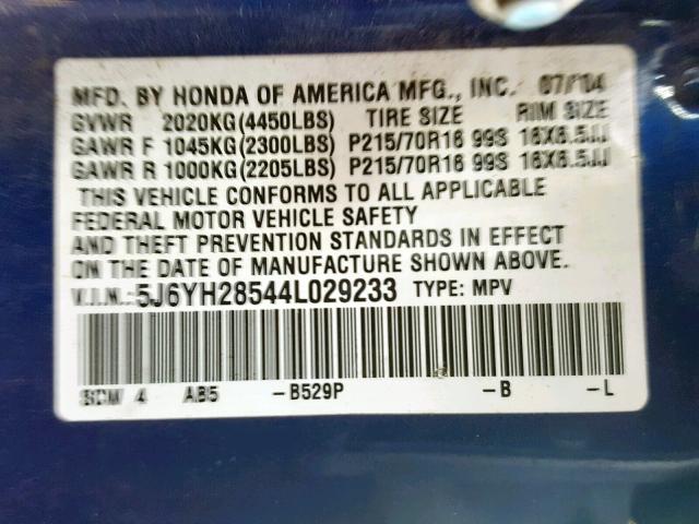 5J6YH28544L029233 - 2004 HONDA ELEMENT EX BLUE photo 10