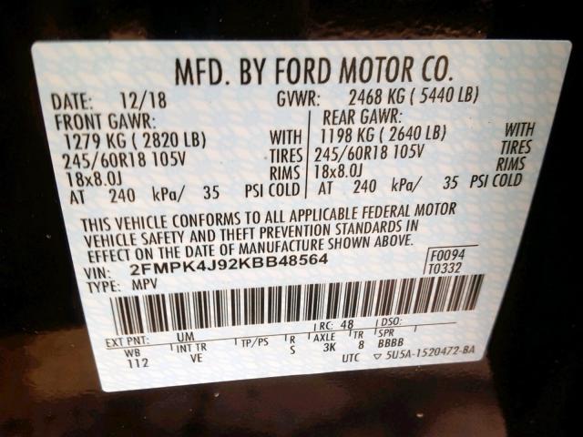 2FMPK4J92KBB48564 - 2019 FORD EDGE SEL BLACK photo 10