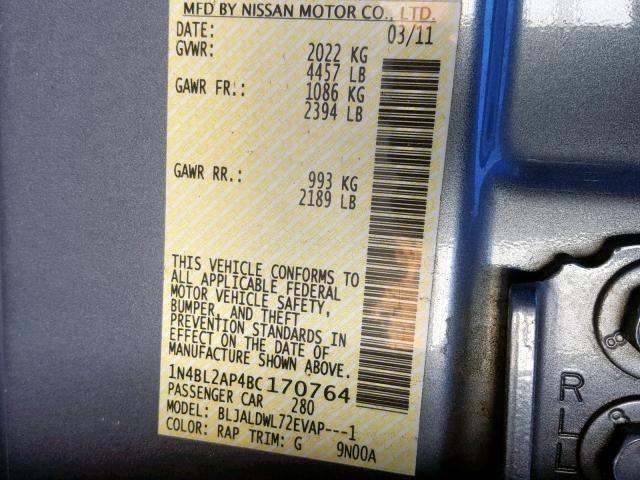 1N4BL2AP4BC170764 - 2011 NISSAN ALTIMA SR GRAY photo 10