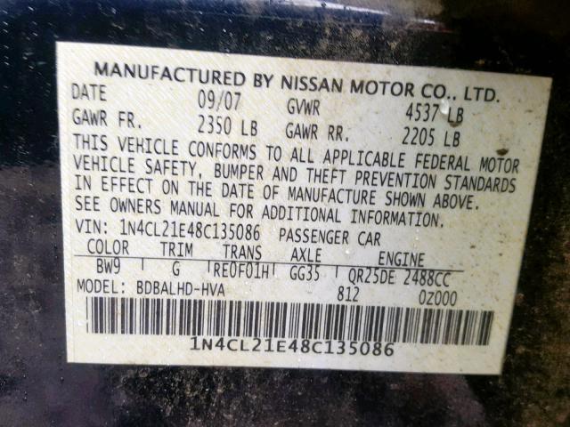 1N4CL21E48C135086 - 2008 NISSAN ALTIMA HYB SILVER photo 10