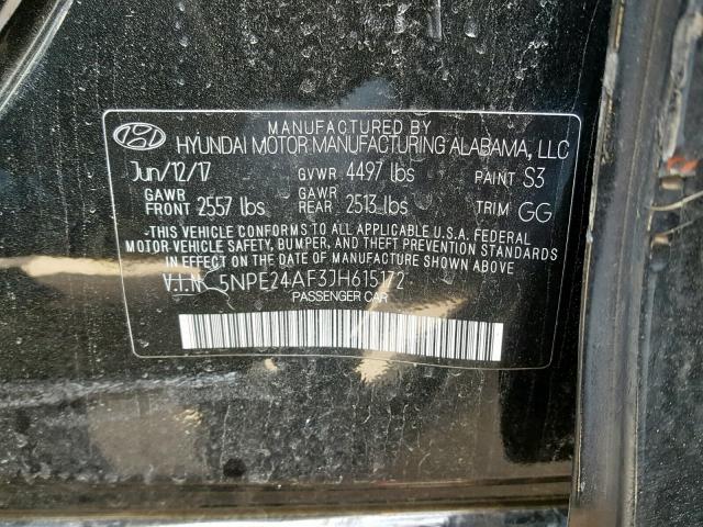 5NPE24AF3JH615172 - 2018 HYUNDAI SONATA SE BLACK photo 10