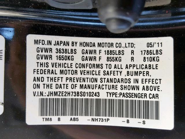 JHMZE2H73BS010243 - 2011 HONDA INSIGHT EX BLACK photo 10