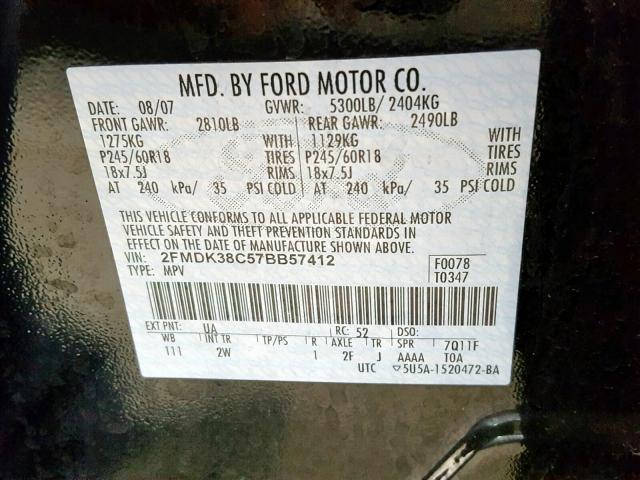 2FMDK38C57BB57412 - 2007 FORD EDGE SEL BLACK photo 10