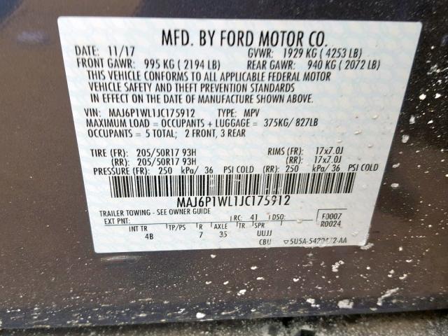 MAJ6P1WL1JC175912 - 2018 FORD ECOSPORT T GRAY photo 10