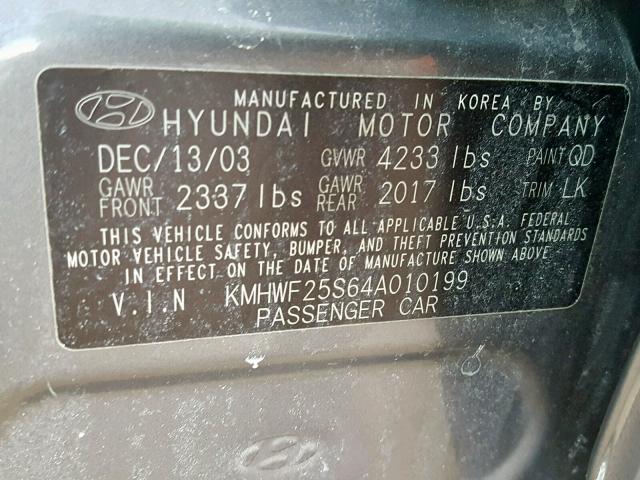 KMHWF25S64A010199 - 2004 HYUNDAI SONATA GL GRAY photo 10