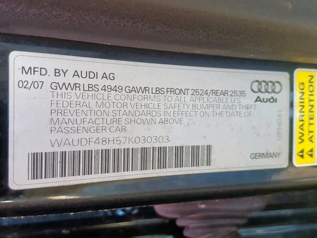 WAUDF48H57K030303 - 2007 AUDI A4 2.0T CA BLACK photo 10