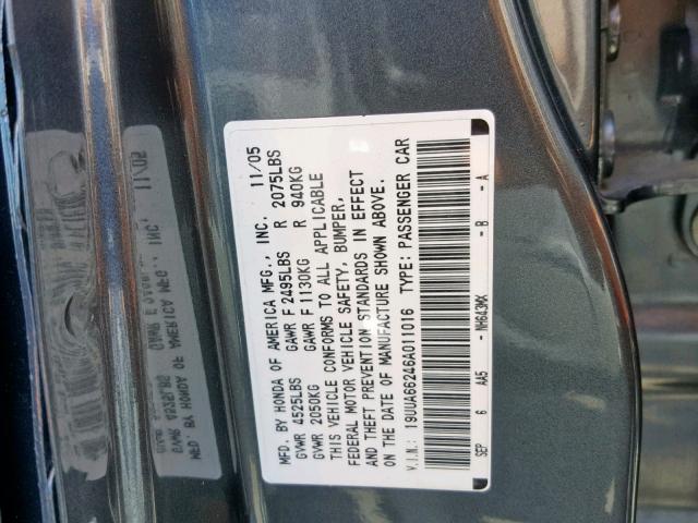 19UUA66246A011016 - 2006 ACURA 3.2TL GRAY photo 10