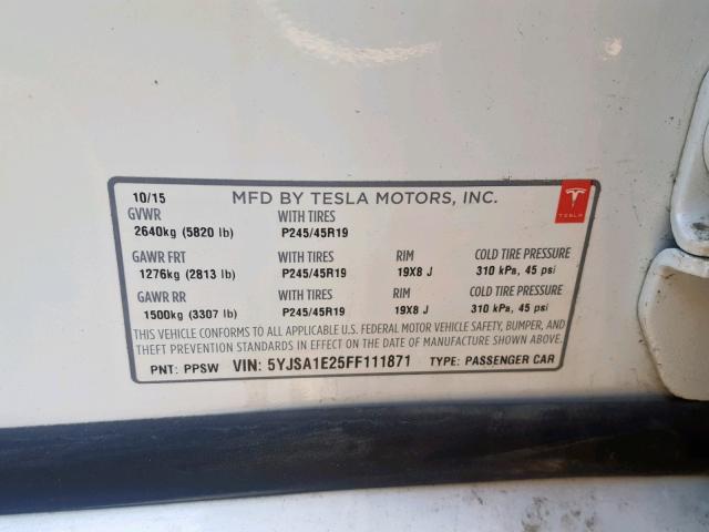 5YJSA1E25FF111871 - 2015 TESLA MODEL S WHITE photo 10