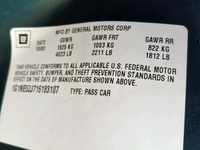 1G1NE52J716183107 - 2001 CHEVROLET MALIBU LS GREEN photo 10