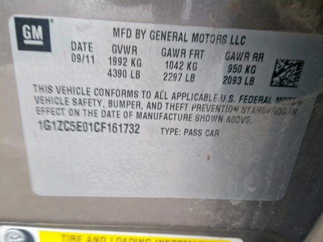 1G1ZC5E01CF161732 - 2012 CHEVROLET MALIBU 1LT 灰色 照片 10