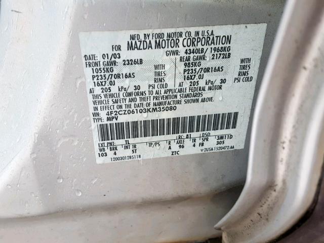 4F2CZ06103KM35080 - 2003 MAZDA TRIBUTE ES 银色 照片 10