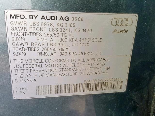 WA1BV94L27D019696 - 2007 AUDI Q7 4.2 QUA GREEN photo 10