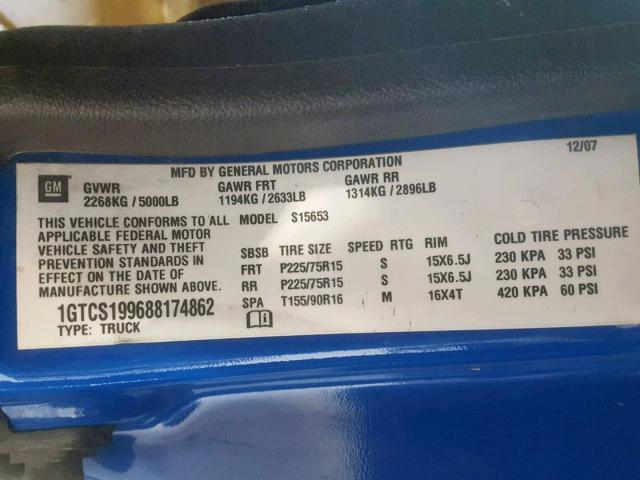 1GTCS199688174862 - 2008 GMC CANYON BLUE photo 10