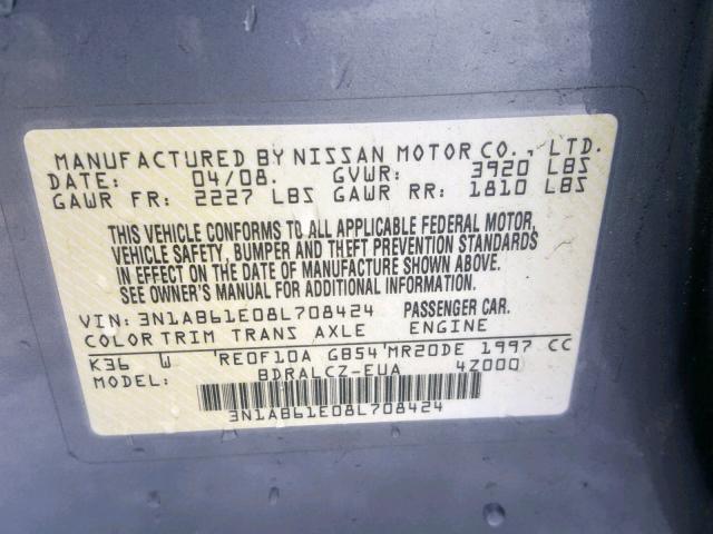 3N1AB61E08L708424 - 2008 NISSAN SENTRA 2.0 GRAY photo 10