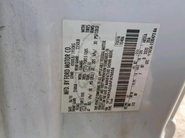 1FTKR1AD2APA76558 - 2010 FORD RANGER WHITE photo 10