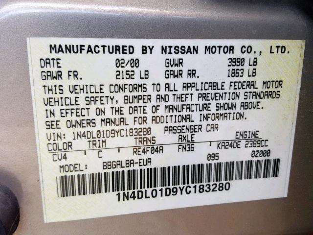 1N4DL01D9YC183280 - 2000 NISSAN ALTIMA XE BEIGE photo 10