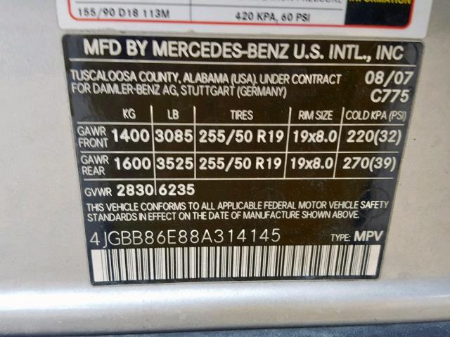 4JGBB86E88A314145 - 2008 MERCEDES-BENZ ML 350 SILVER photo 10