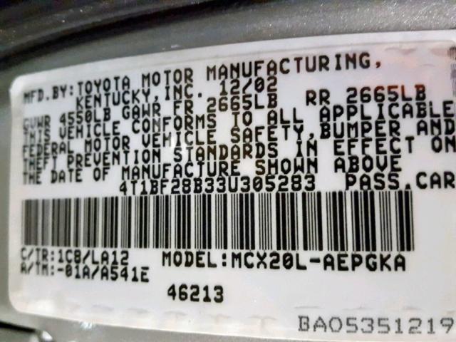 4T1BF28B33U305283 - 2003 TOYOTA AVALON SILVER photo 10