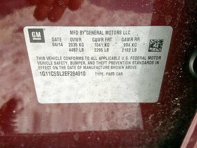 1G11C5SL2EF284910 - 2014 CHEVROLET MALIBU 1LT MAROON photo 10