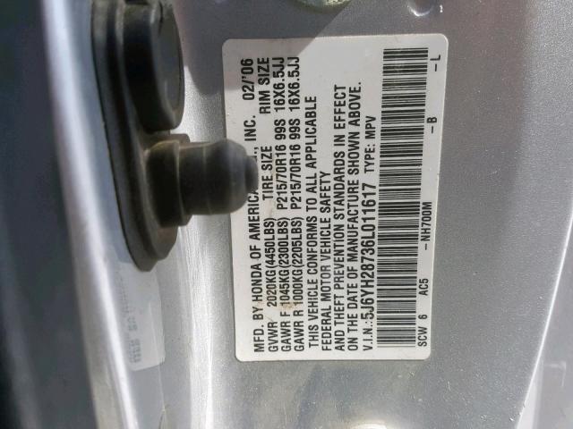 5J6YH28736L011617 - 2006 HONDA ELEMENT EX SILVER photo 10