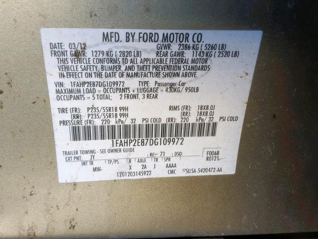 1FAHP2E87DG109972 - 2013 FORD TAURUS SEL GREEN photo 10