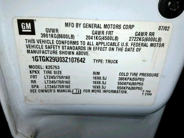 1GTGK29U03Z107642 - 2003 GMC NEW SIERRA WHITE photo 10