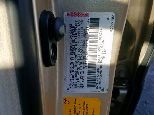 JTHBF30G920053691 - 2002 LEXUS ES 300 GOLD photo 10