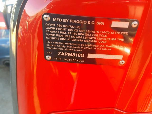 ZAPM818G0F5400197 - 2015 VESPA SPRINT 150 RED photo 10
