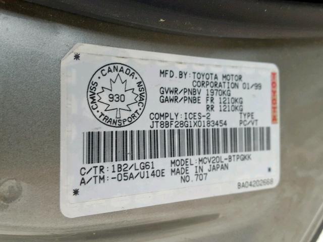 JT8BF28G1X0183454 - 1999 LEXUS ES 300 GRAY photo 10