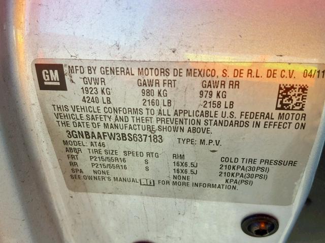 3GNBAAFW3BS637183 - 2011 CHEVROLET HHR LS Արծաթագույն լուսանկար 10