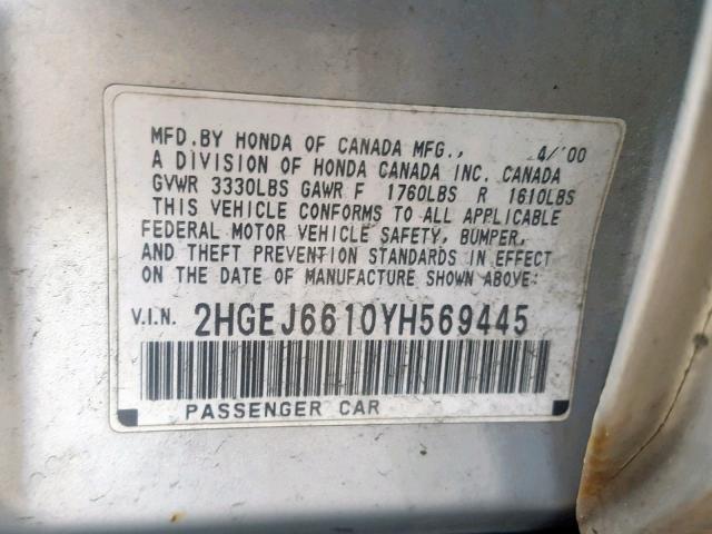 2HGEJ6610YH569445 - 2000 HONDA CIVIC BASE SILVER photo 10