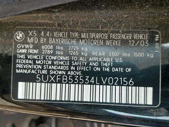 5UXFB53534LV02156 - 2004 BMW X5 4.4I BLACK photo 10
