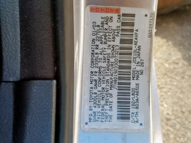 JTHBD192330073213 - 2003 LEXUS IS 300 GRAY photo 10