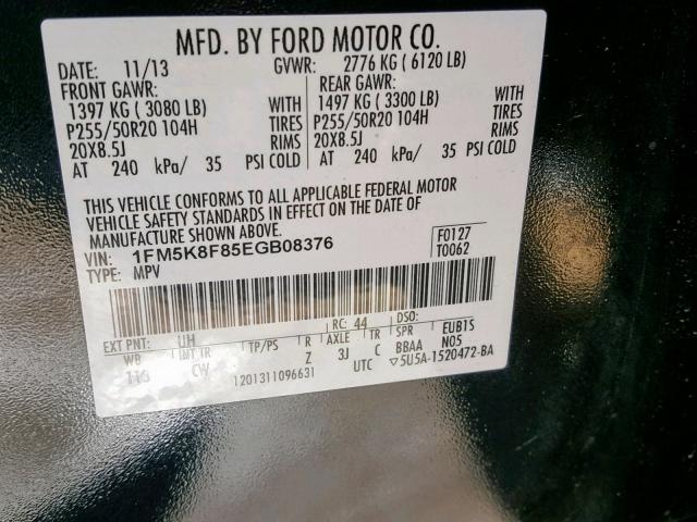 1FM5K8F85EGB08376 - 2014 FORD EXPLORER L BLACK photo 10