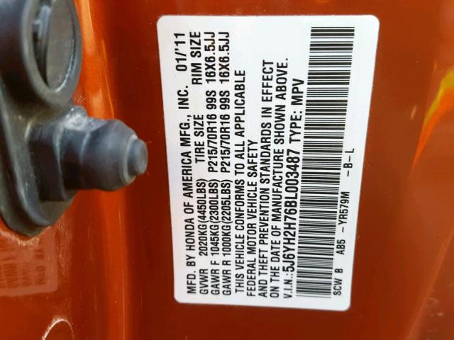 5J6YH2H76BL003487 - 2011 HONDA ELEMENT EX ORANGE photo 10