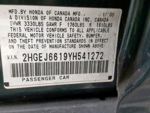 2HGEJ6619YH541272 - 2000 HONDA CIVIC BASE GREEN photo 10