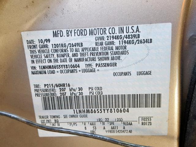1LNHM86S5YY810604 - 2000 LINCOLN LS GOLD photo 10