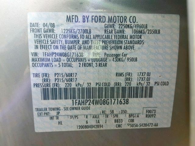 1FAHP24W08G171638 - 2008 FORD TAURUS SEL GOLD photo 10